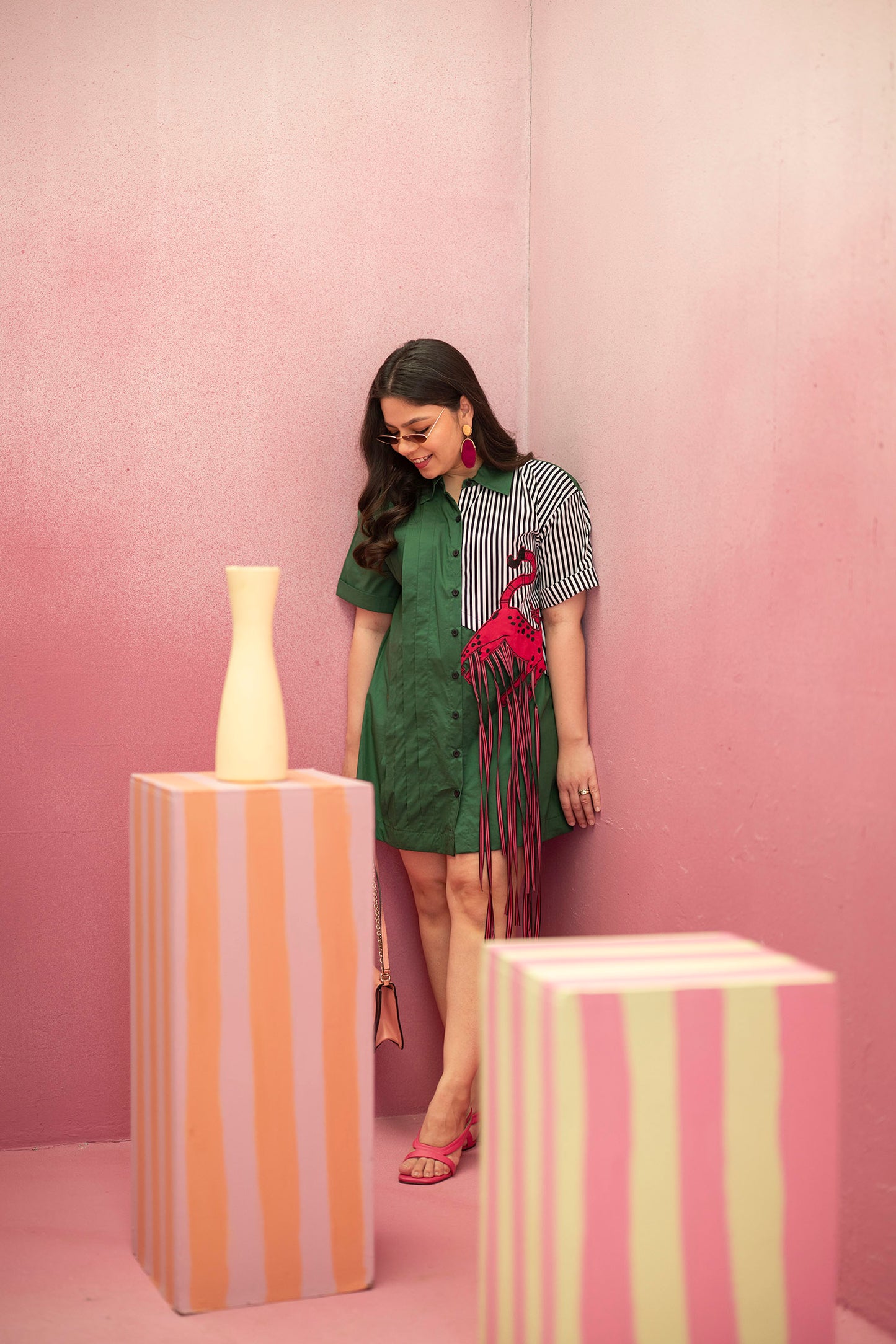 Green Shirtdress with Pink Panther Embroidery