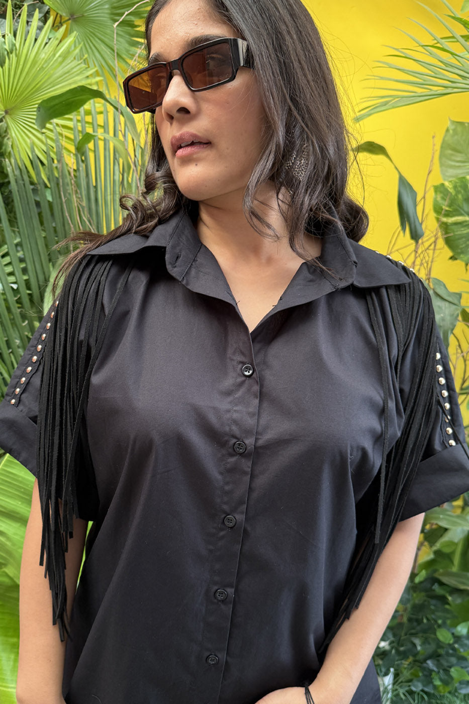 Boxy Shirtdress With Fringe Detailing Black