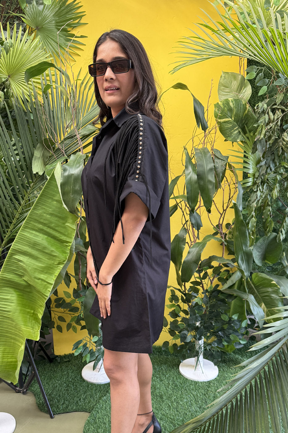 Boxy Shirtdress With Fringe Detailing Black
