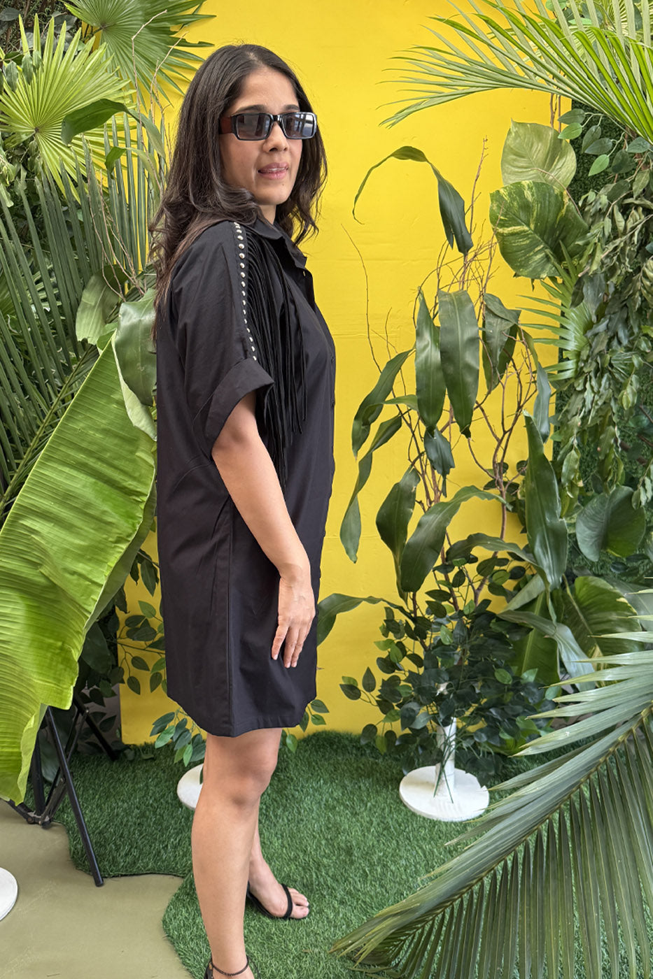 Boxy Shirtdress With Fringe Detailing Black