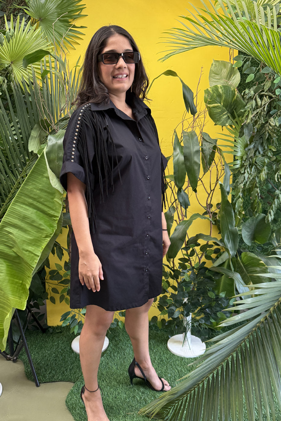 Boxy Shirtdress With Fringe Detailing Black