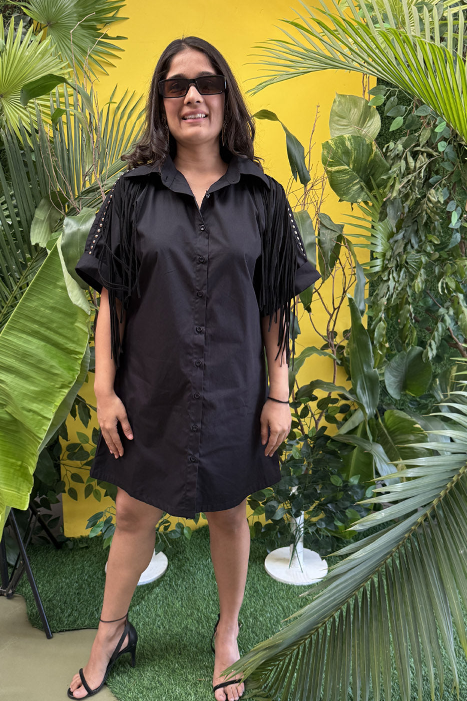 Boxy Shirtdress With Fringe Detailing Black