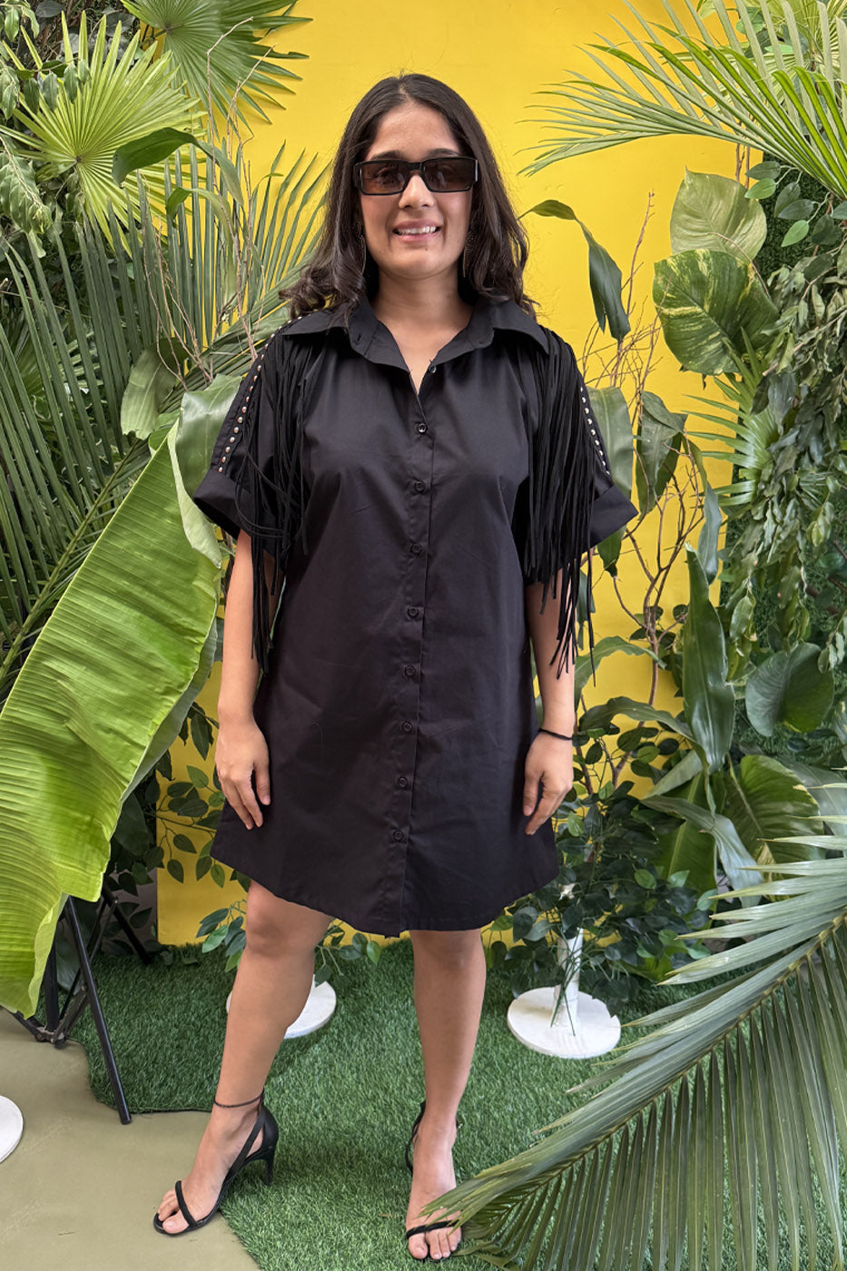 Boxy Shirtdress With Fringe Detailing Black