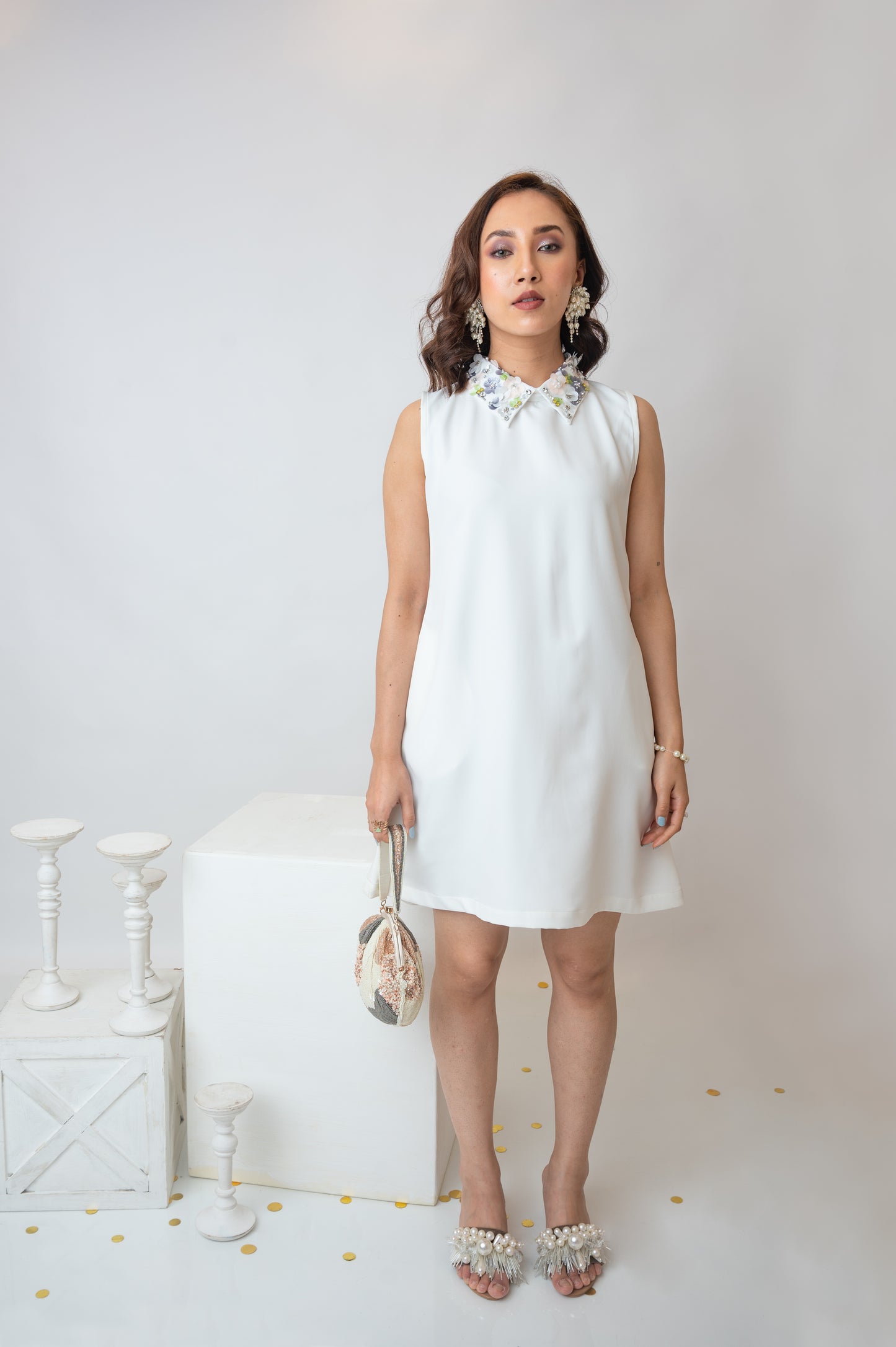 Sleeveless White Dress With Embellished Collar