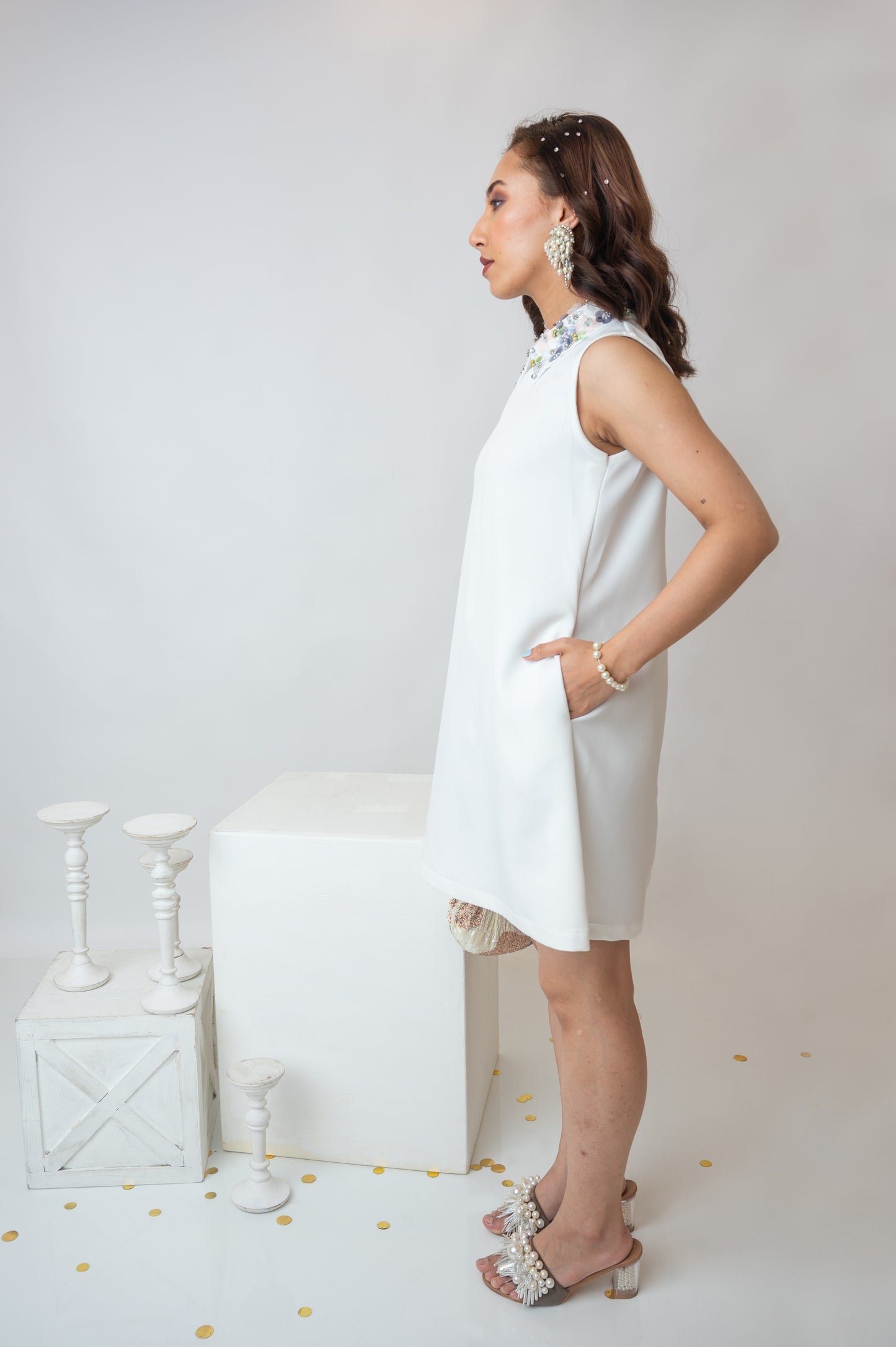 Sleeveless White Dress With Embellished Collar