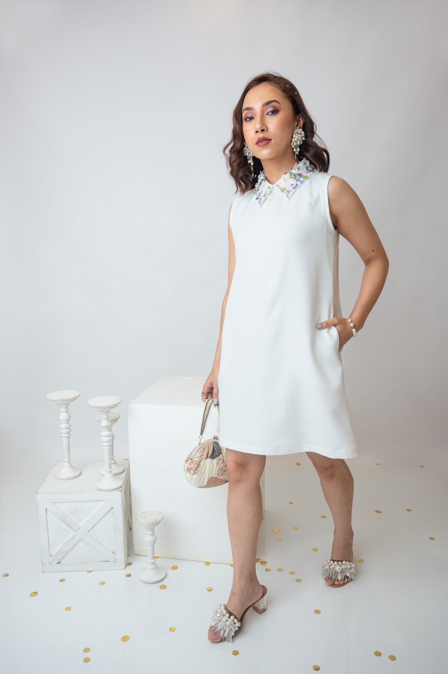 Sleeveless White Dress With Embellished Collar