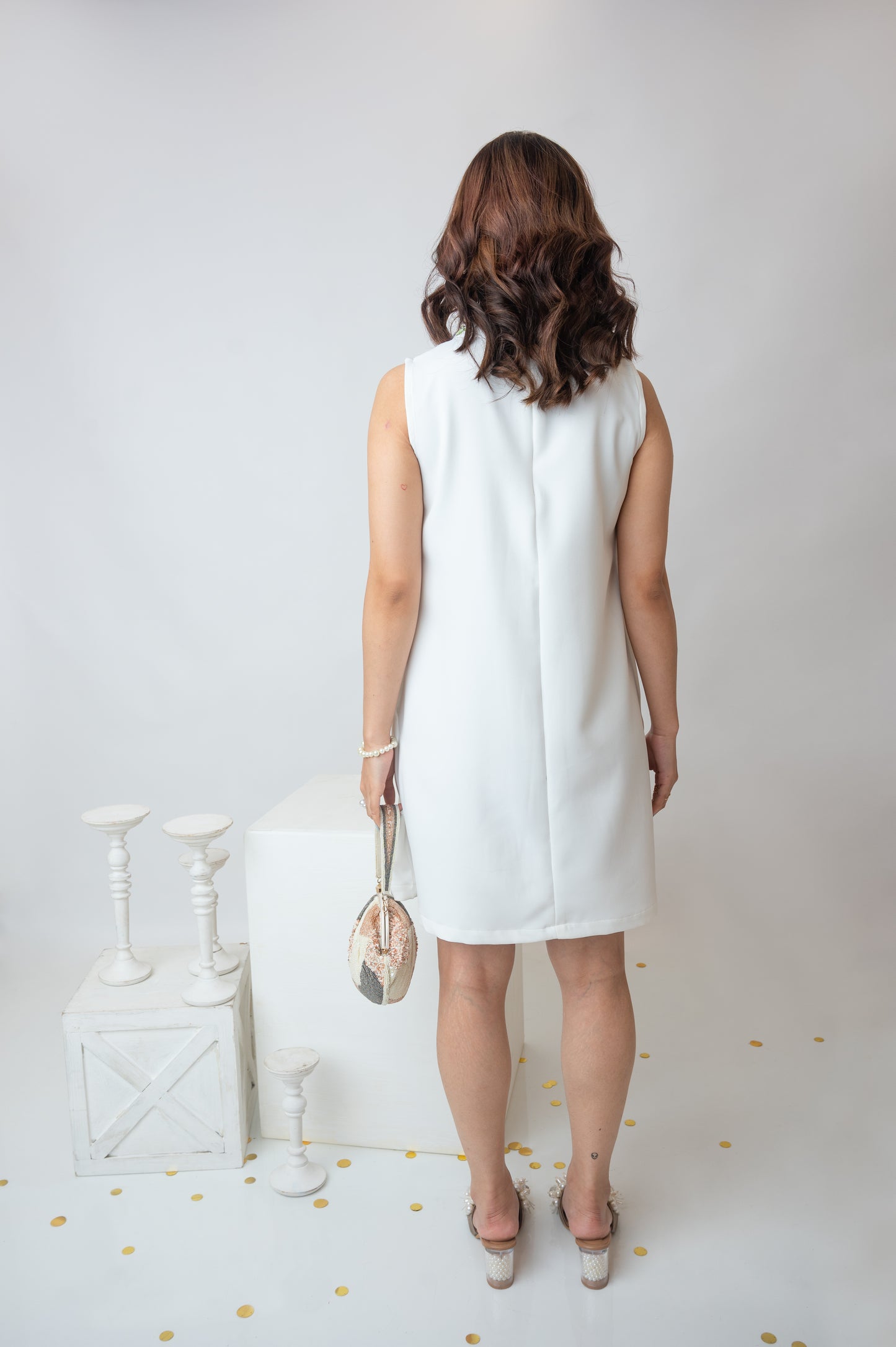 Sleeveless White Dress With Embellished Collar