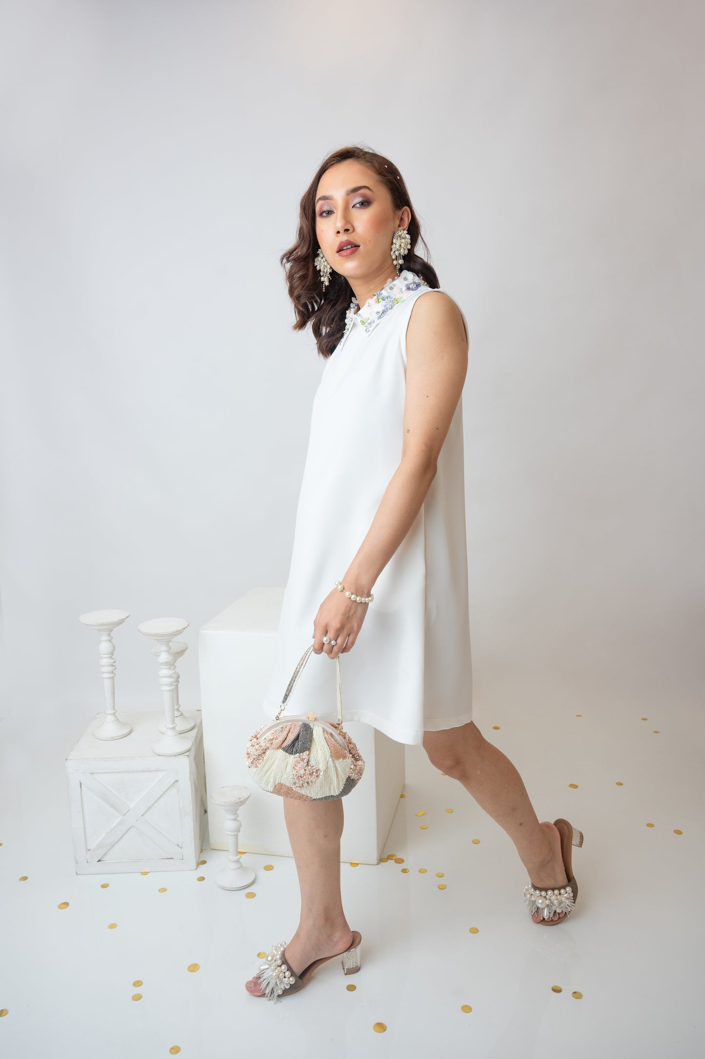 Sleeveless White Dress With Embellished Collar