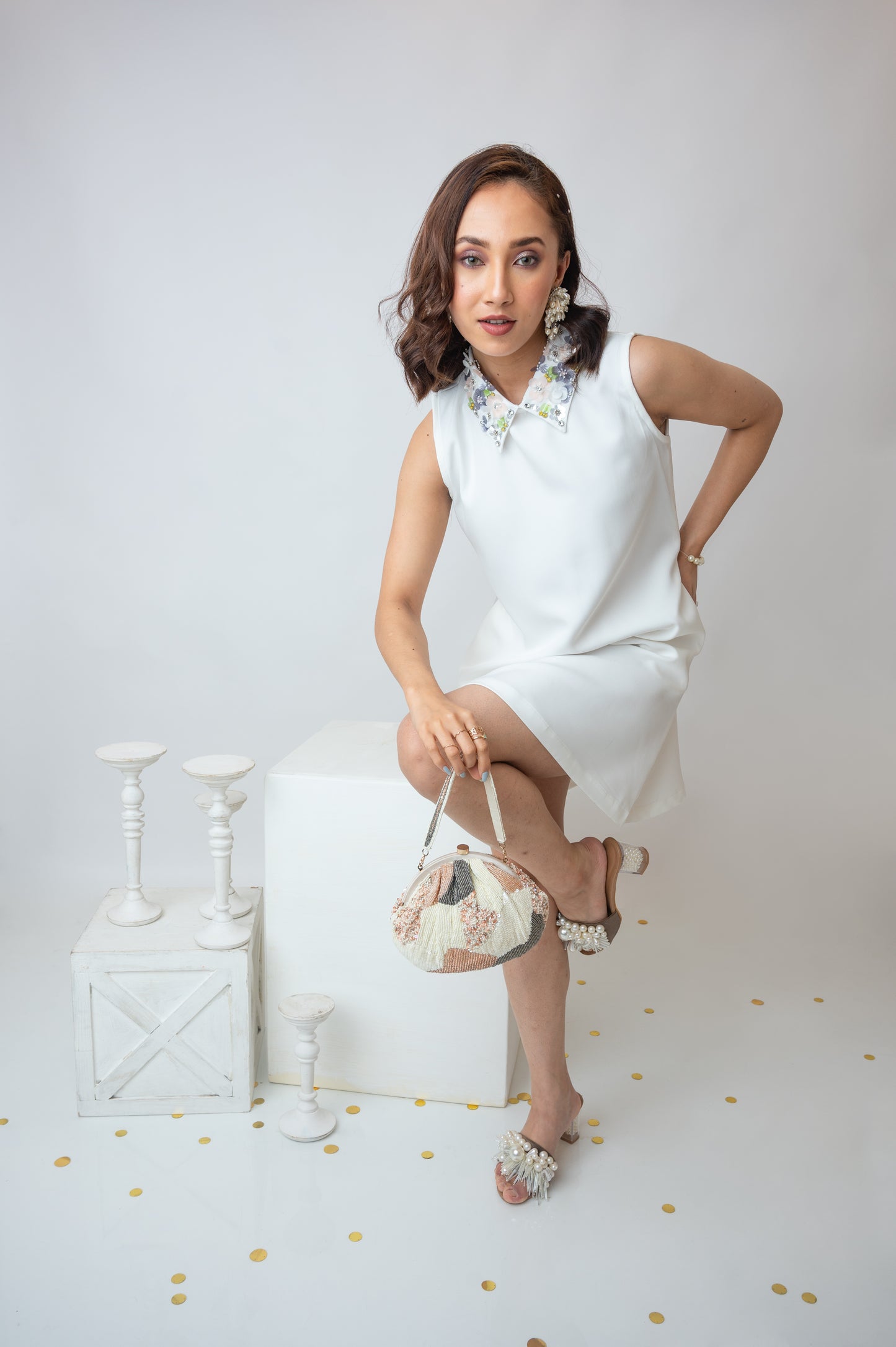 Sleeveless White Dress With Embellished Collar