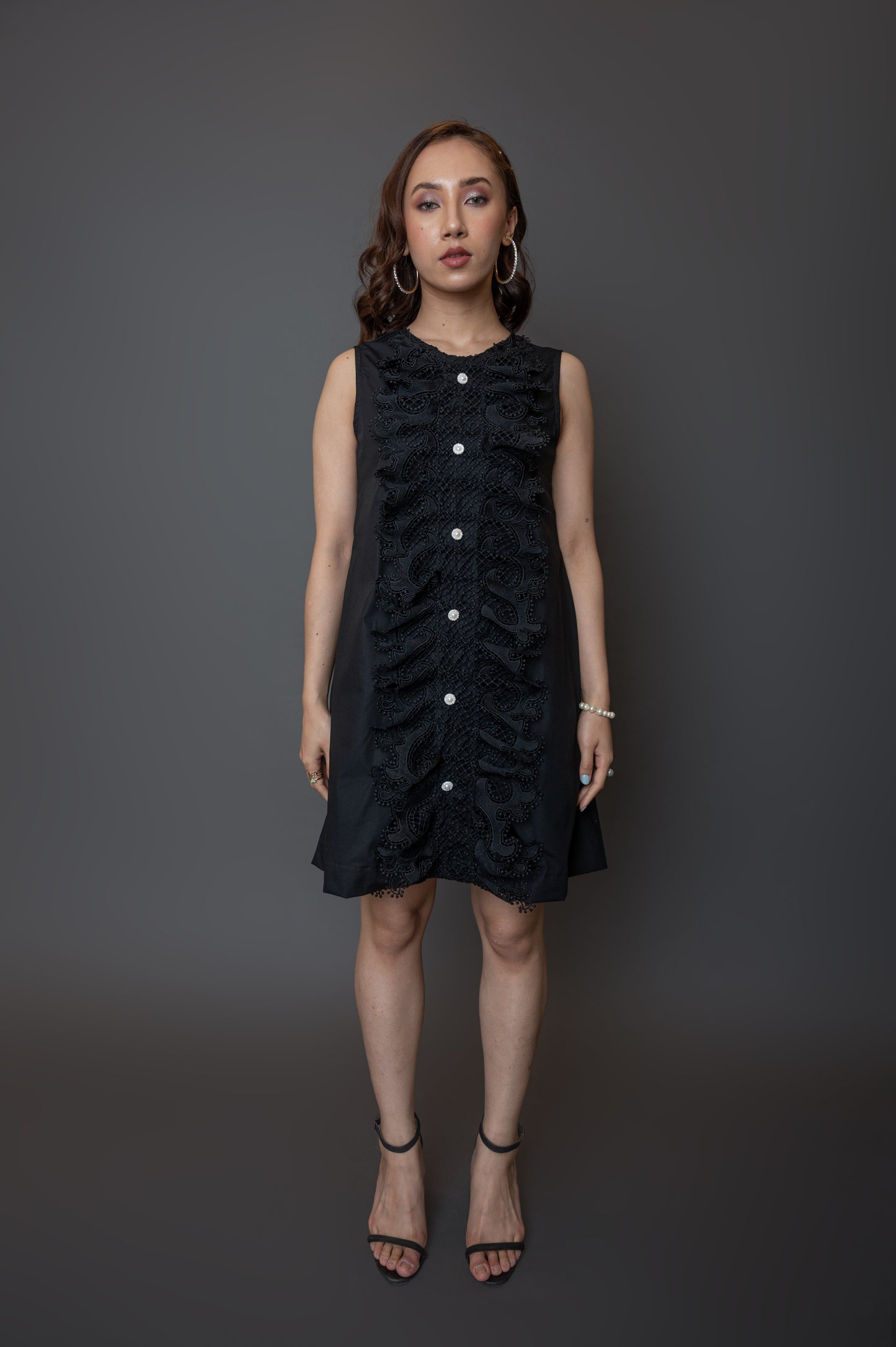 Sleeveless Black Dress With Lace Panel at the Front