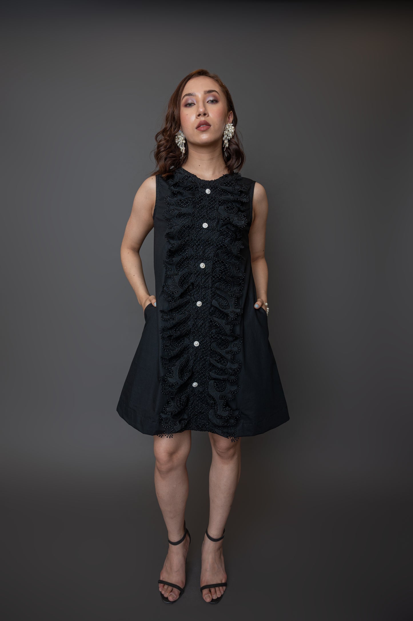 Sleeveless Black Dress With Lace Panel at the Front