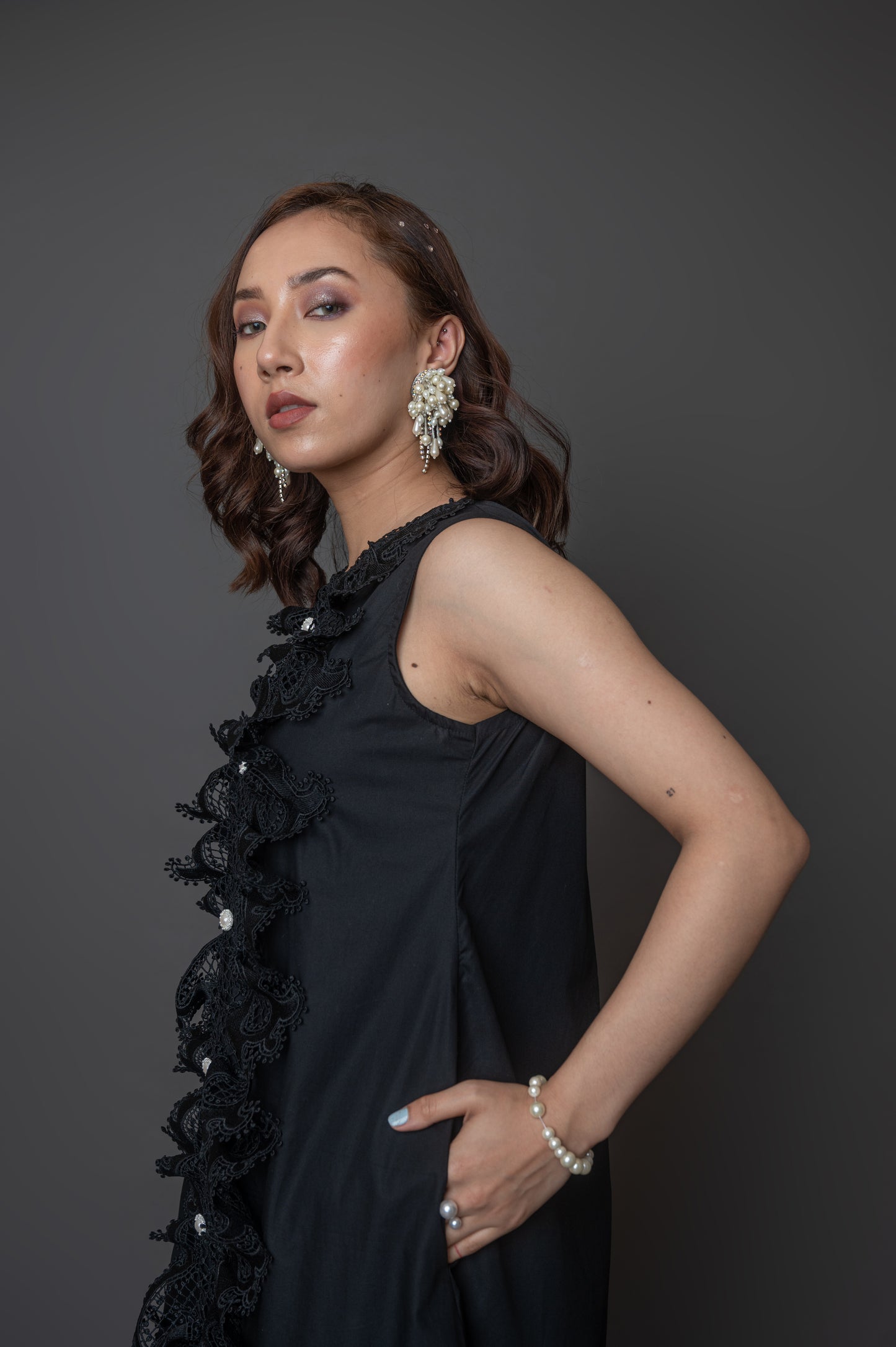 Sleeveless Black Dress With Lace Panel at the Front