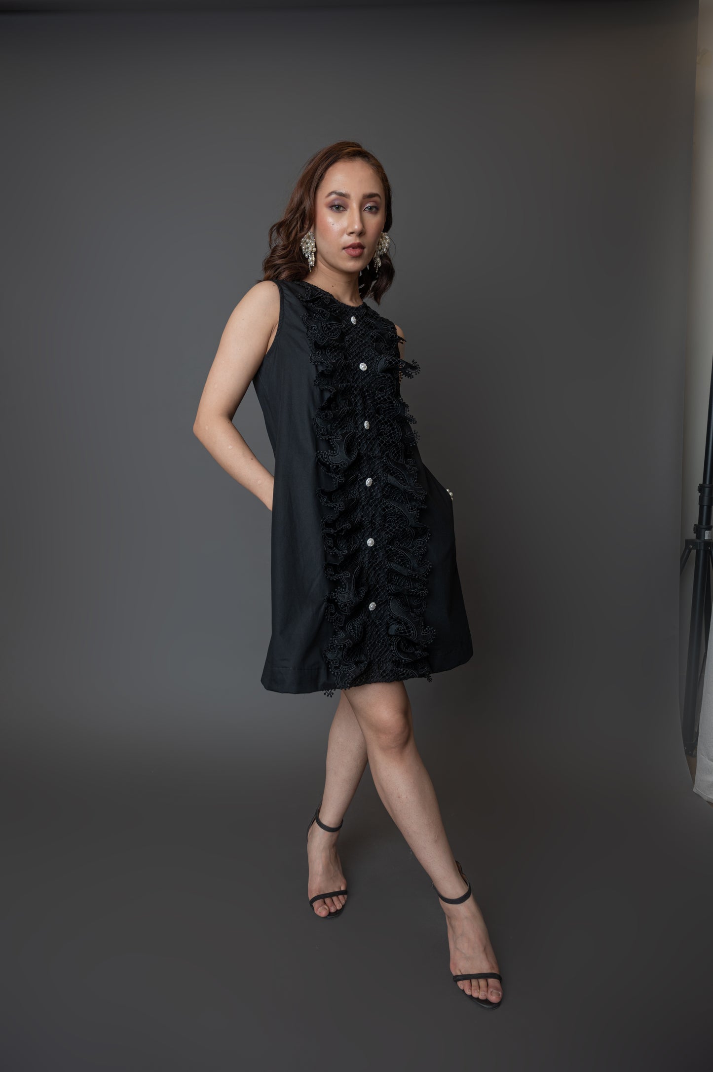 Sleeveless Black Dress With Lace Panel at the Front