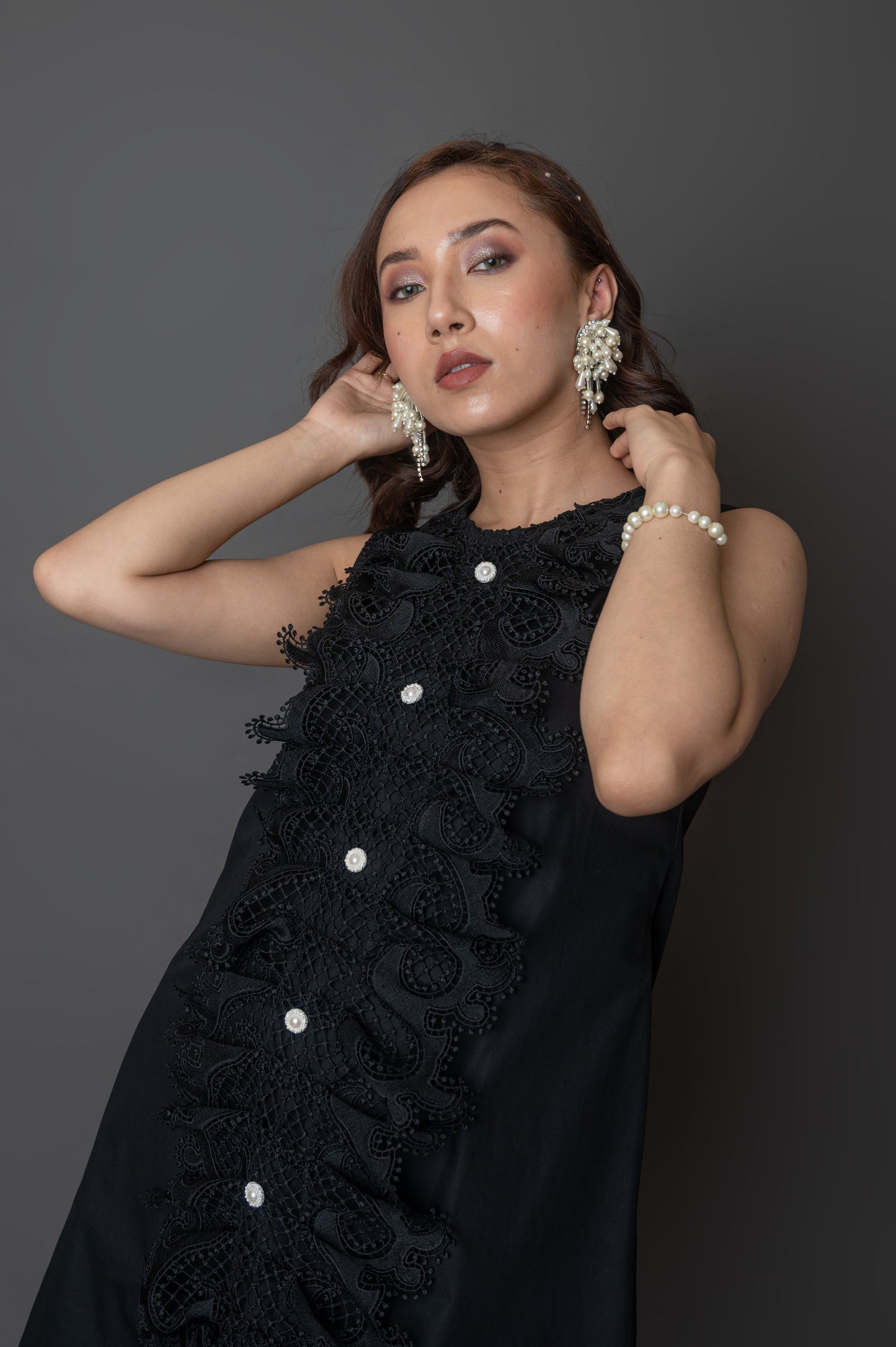 Sleeveless Black Dress With Lace Panel at the Front
