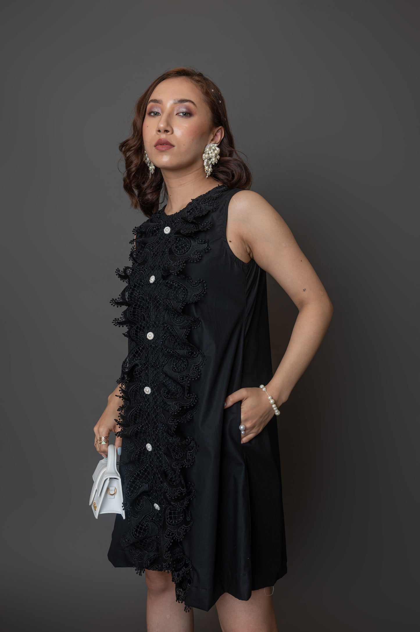 Sleeveless Black Dress With Lace Panel at the Front