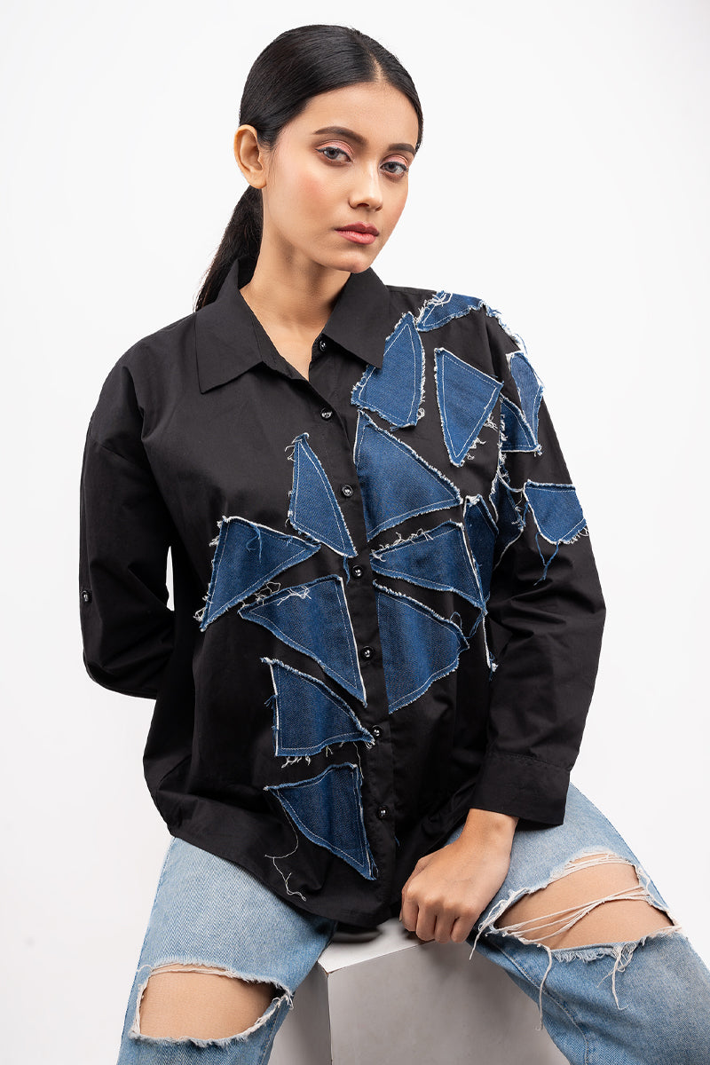 Black shirt with denim patchwork