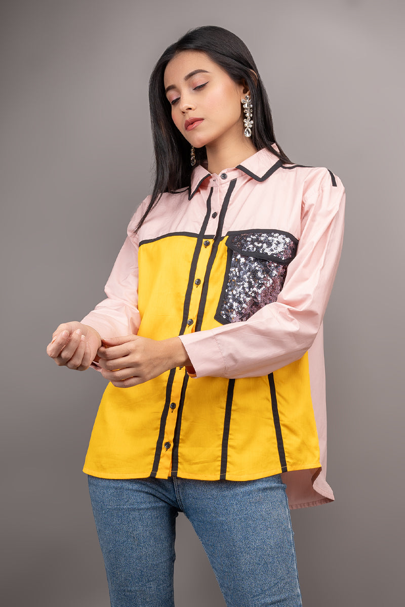 Color Block Shirt with Sequin Pocket