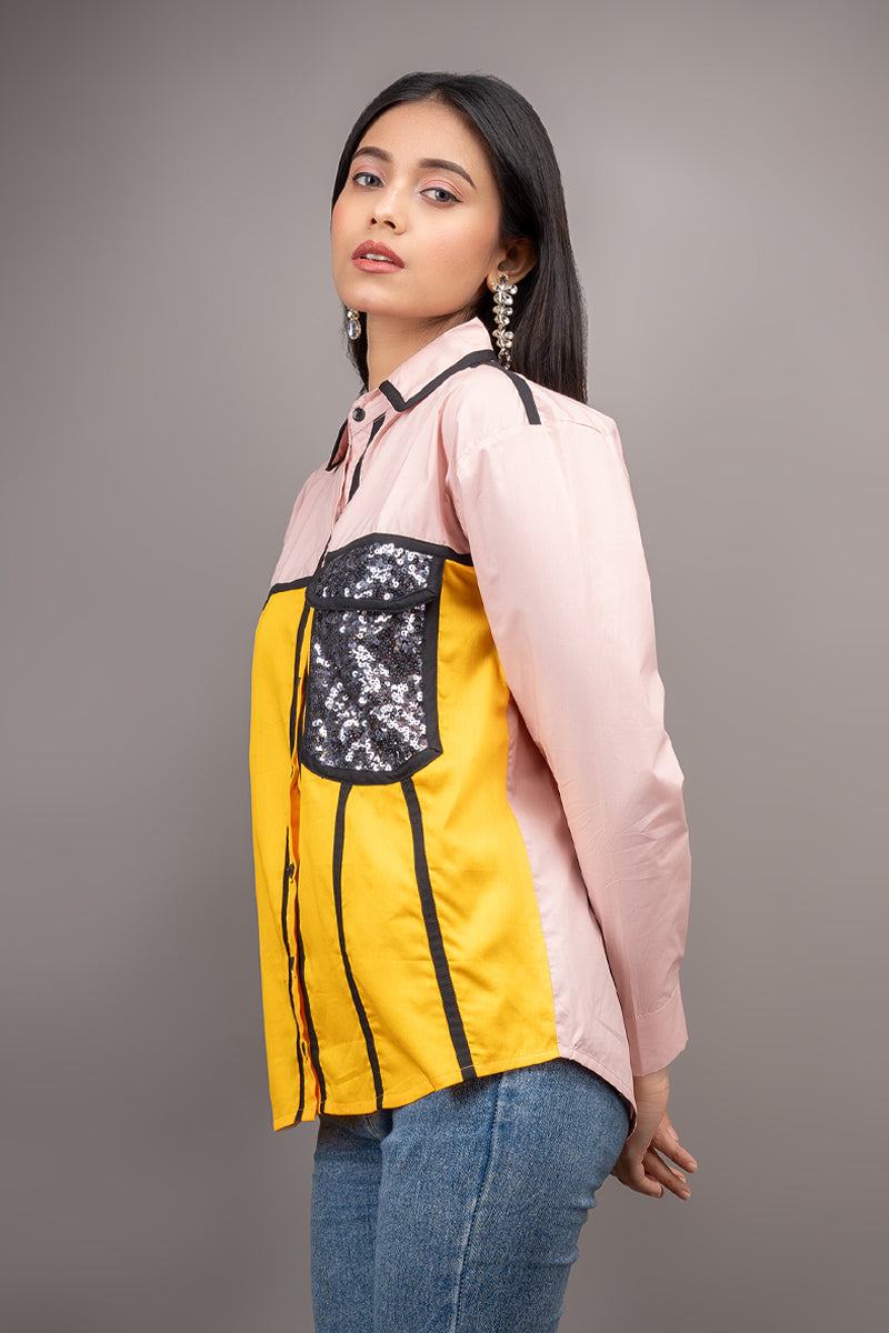 Color Block Shirt with Sequin Pocket