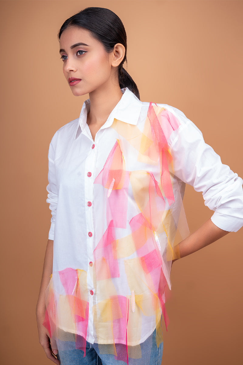 Shirt with net patches and sequin detail pink