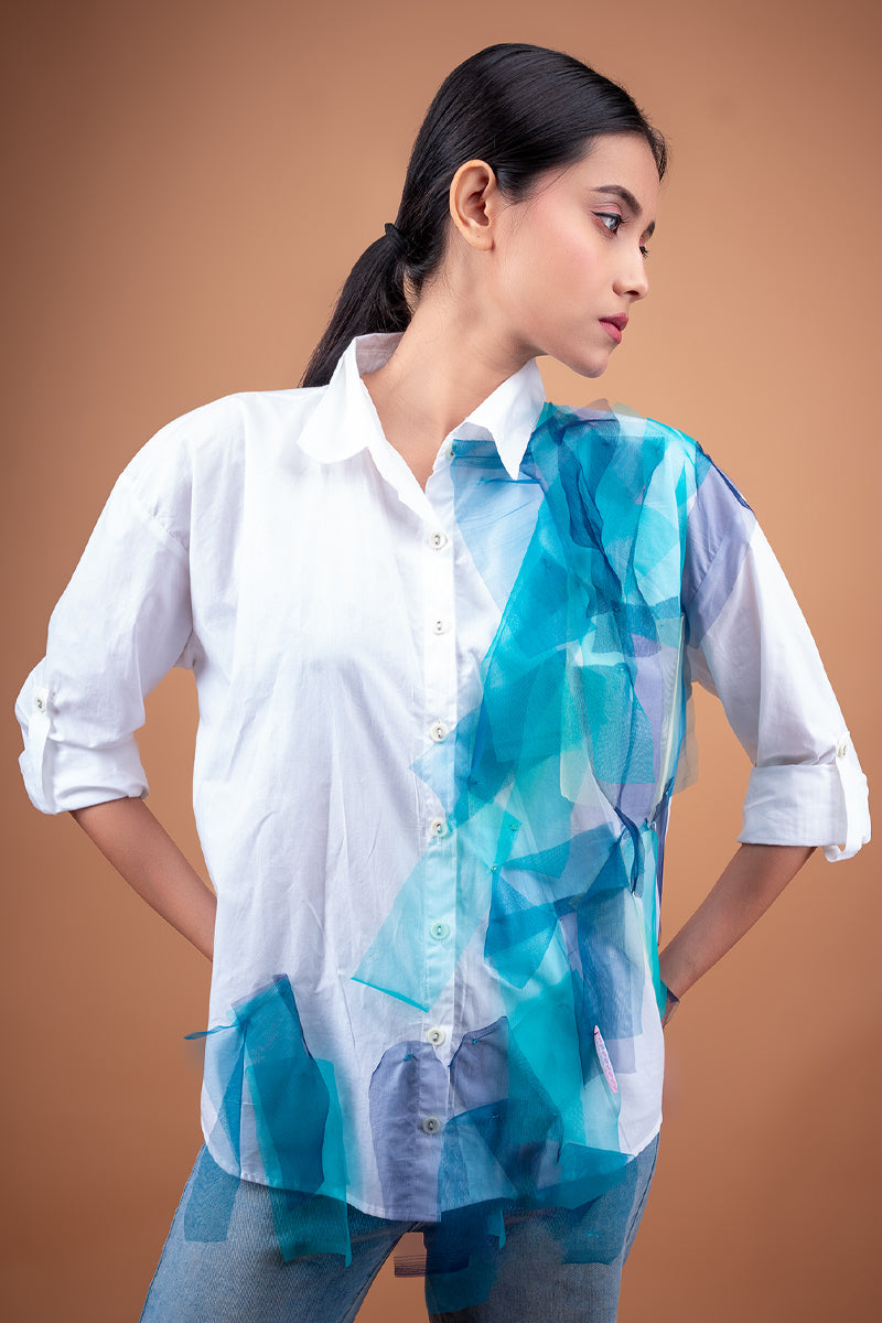 Shirt with net patches and sequin detail in Blue