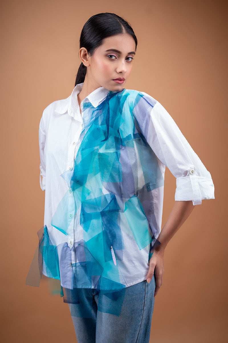 Shirt with net patches and sequin detail in Blue