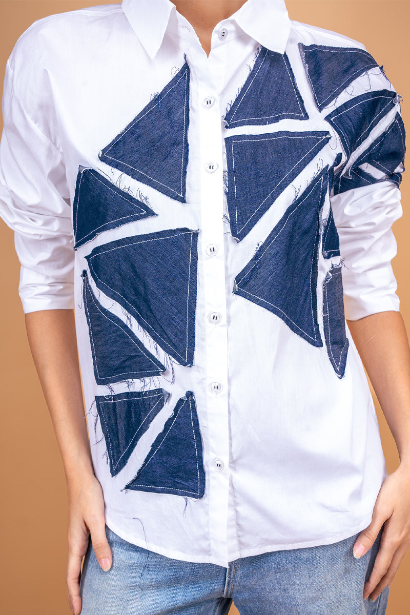 White shirt with denim patchwork