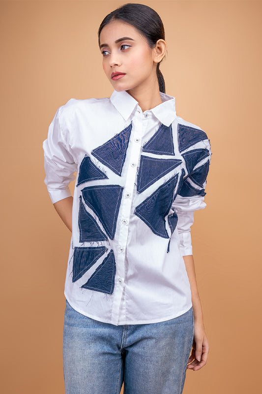White shirt with denim patchwork