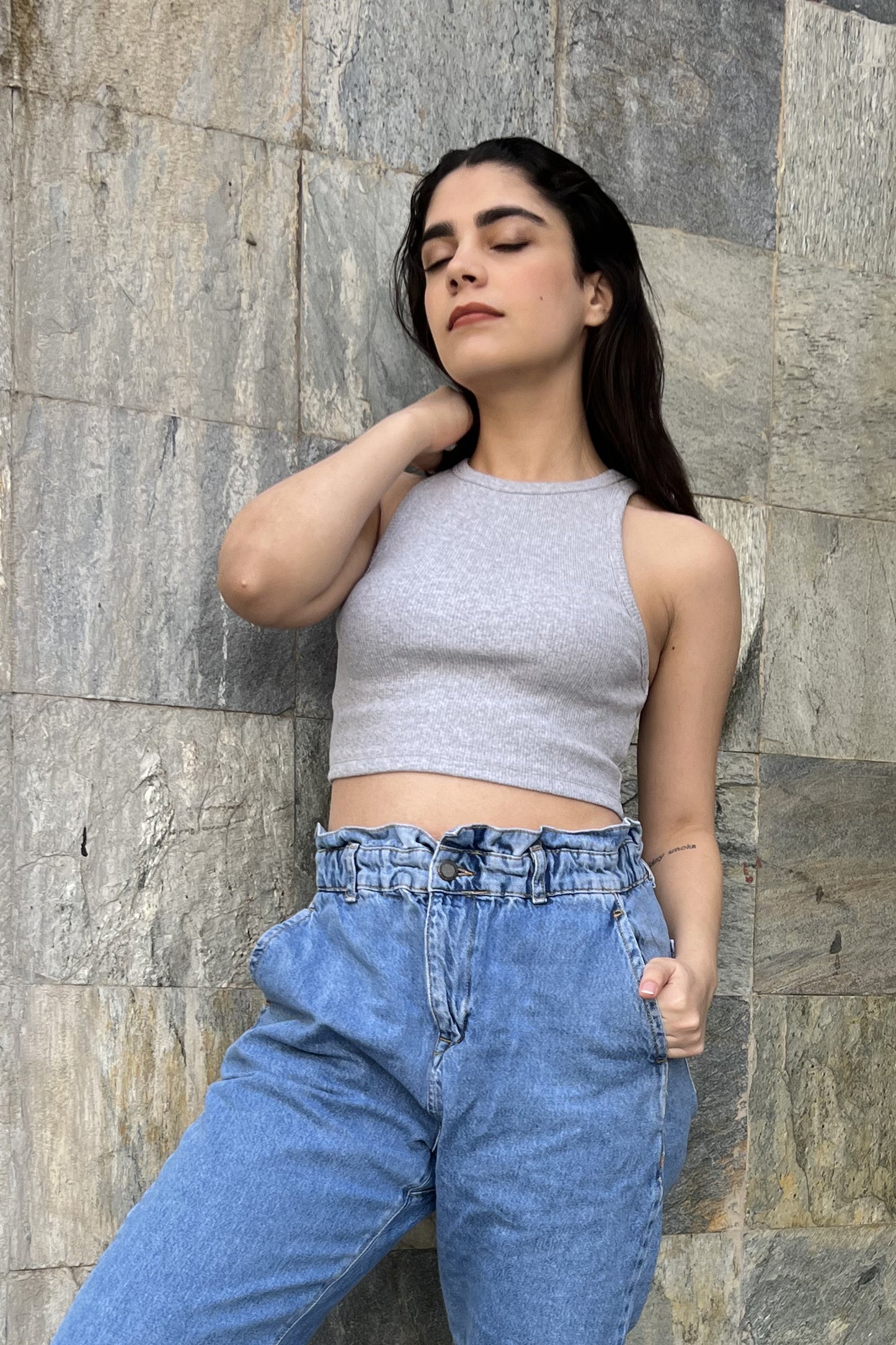 Grey Cropped Knit Top