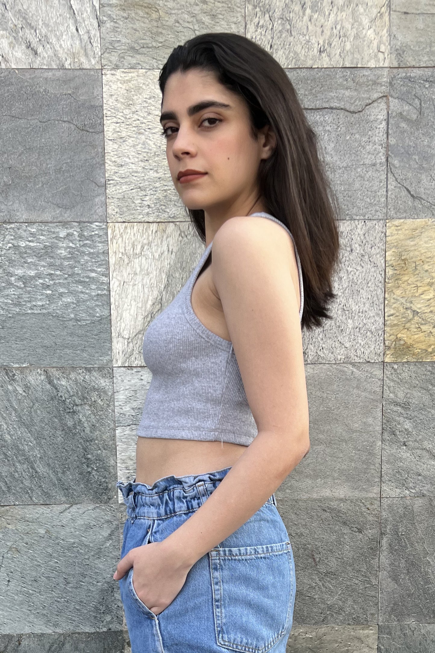 Grey Cropped Knit Top