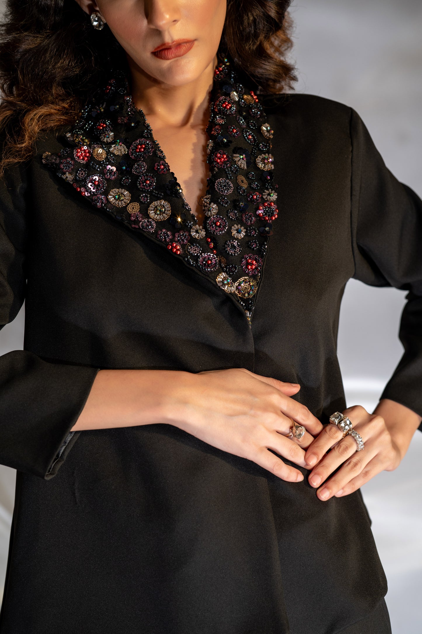 Black Embellished Lapel Blazer