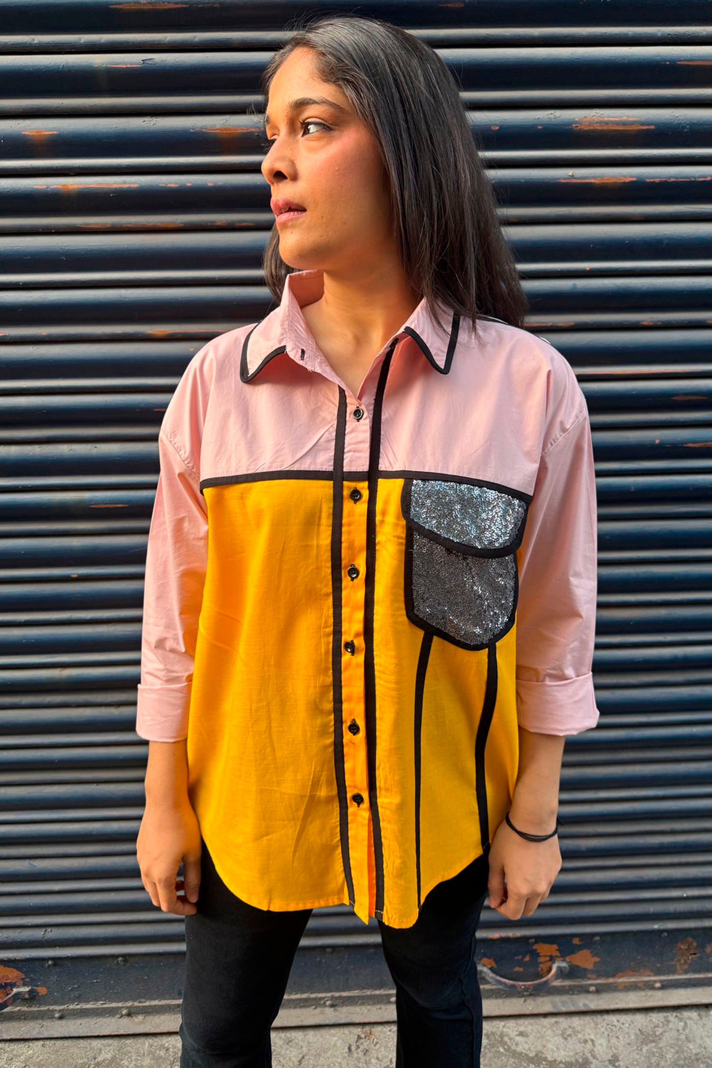 Color Block Shirt with Sequin Pocket