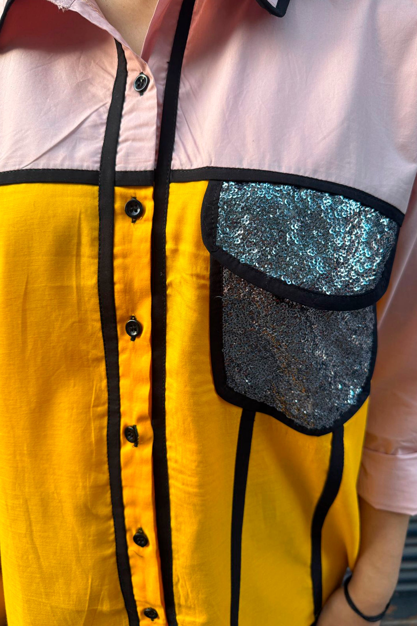 Color Block Shirt with Sequin Pocket