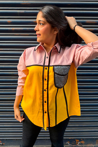 Color Block Shirt with Sequin Pocket