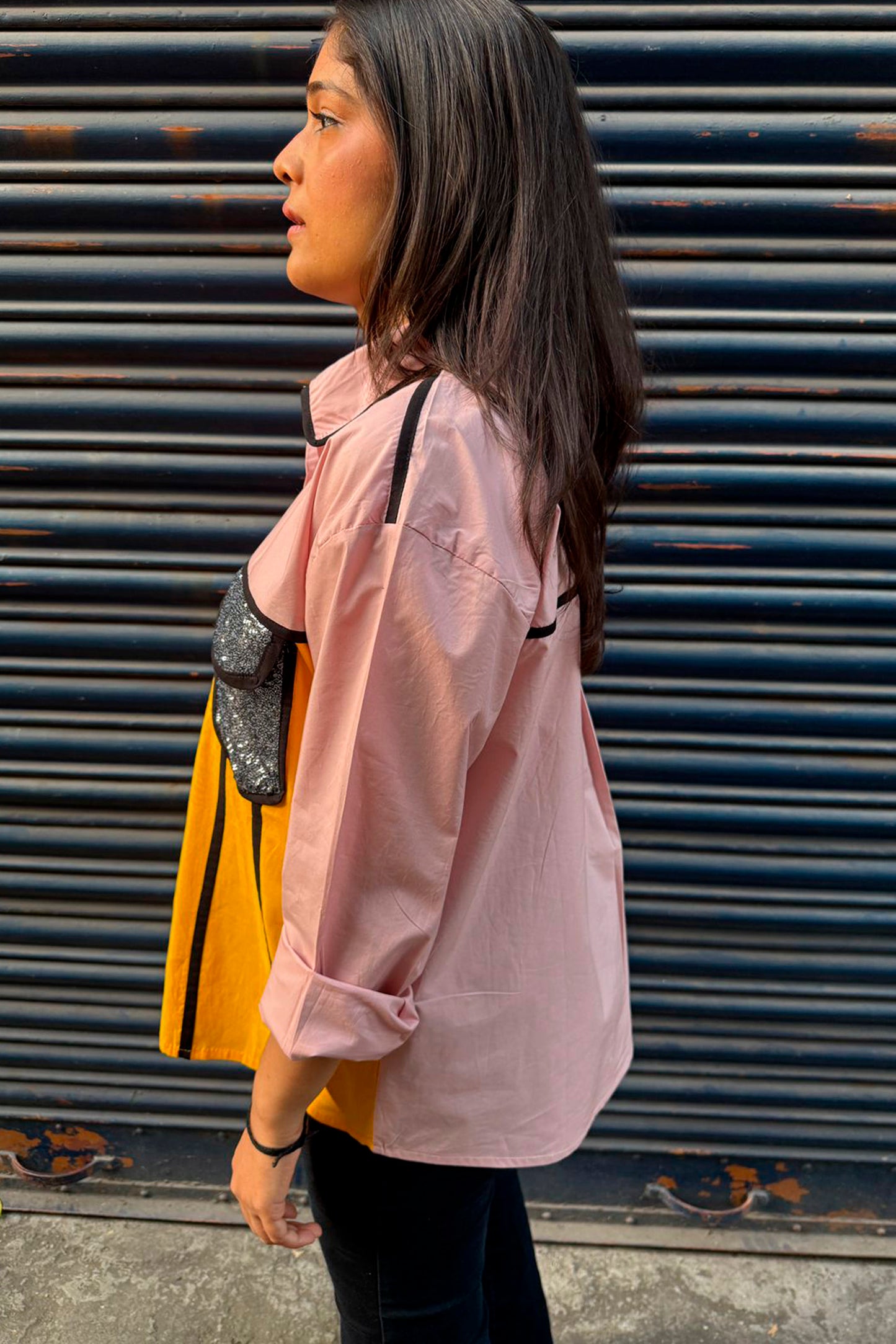 Color Block Shirt with Sequin Pocket