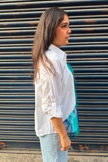 Shirt with net patches and sequin detail in Blue