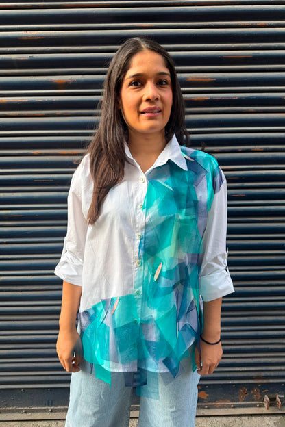 Shirt with net patches and sequin detail in Blue