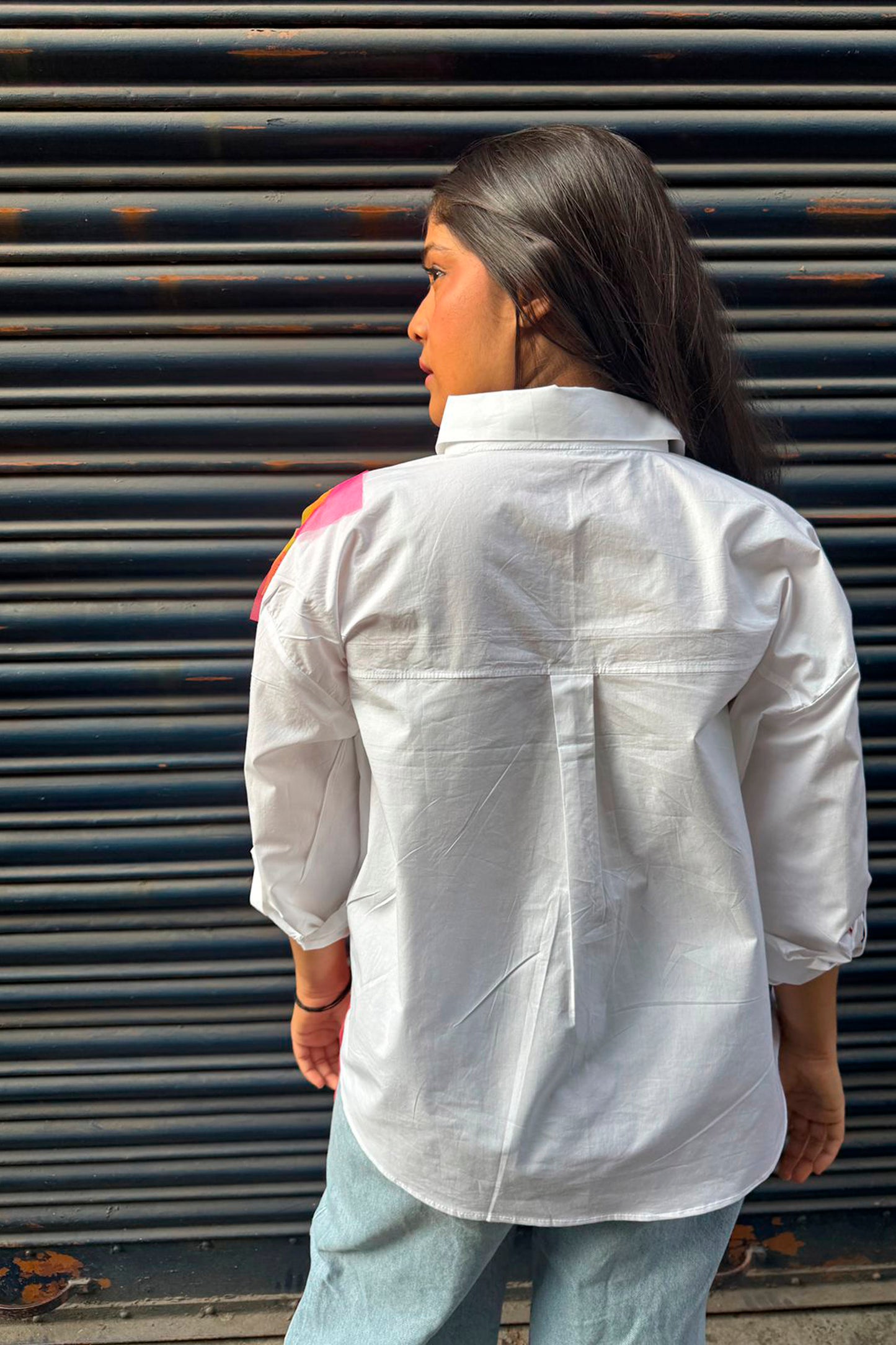 Shirt with net patches and sequin detail pink