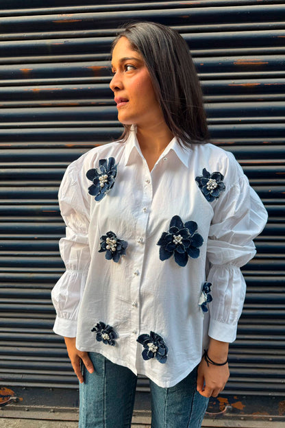 Shirt with Denim Flowers L