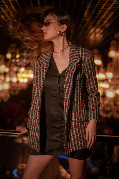 Maroon Black Tweed Blazer