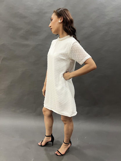 White Dobby Dress with Pearl Detail