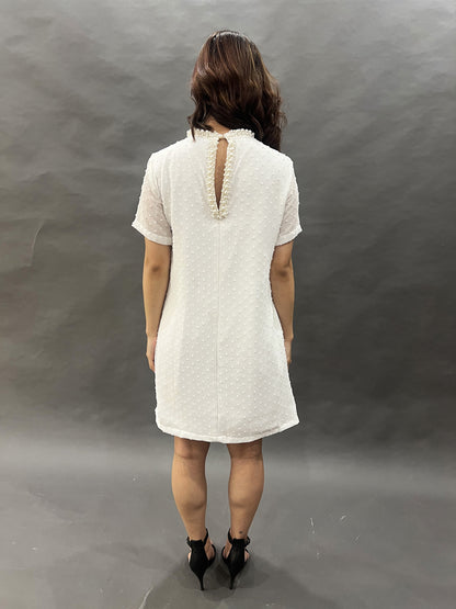 White Dobby Dress with Pearl Detail