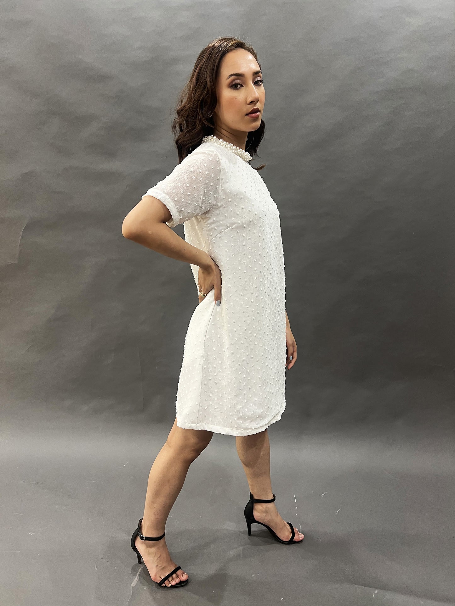 White Dobby Dress with Pearl Detail