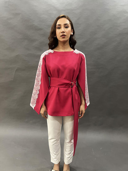 Pink Slit Sleeve Top With Oversized Belt