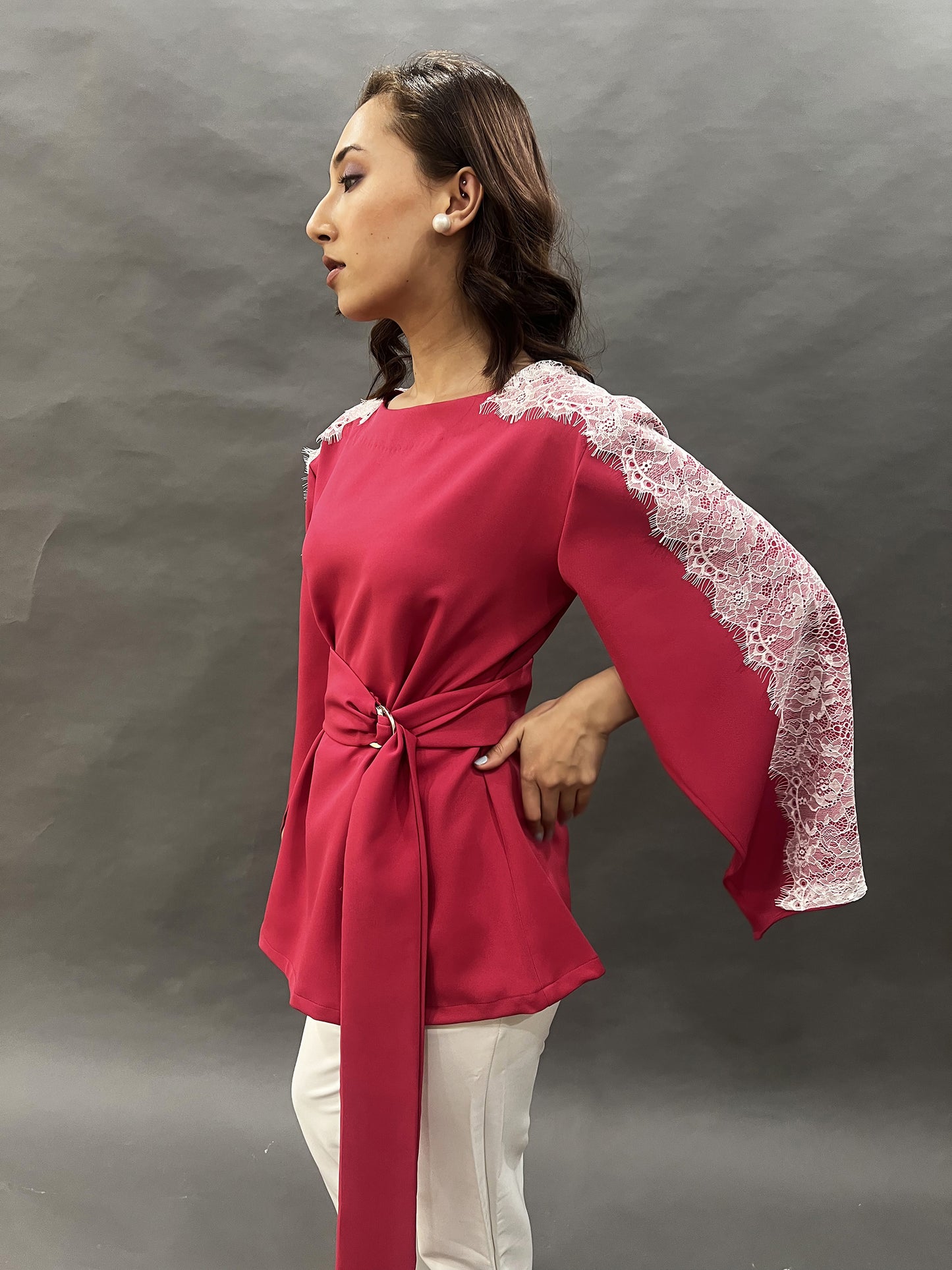 Pink Slit Sleeve Top With Oversized Belt