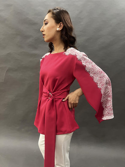 Pink Slit Sleeve Top With Oversized Belt