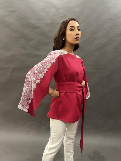 Pink Slit Sleeve Top With Oversized Belt