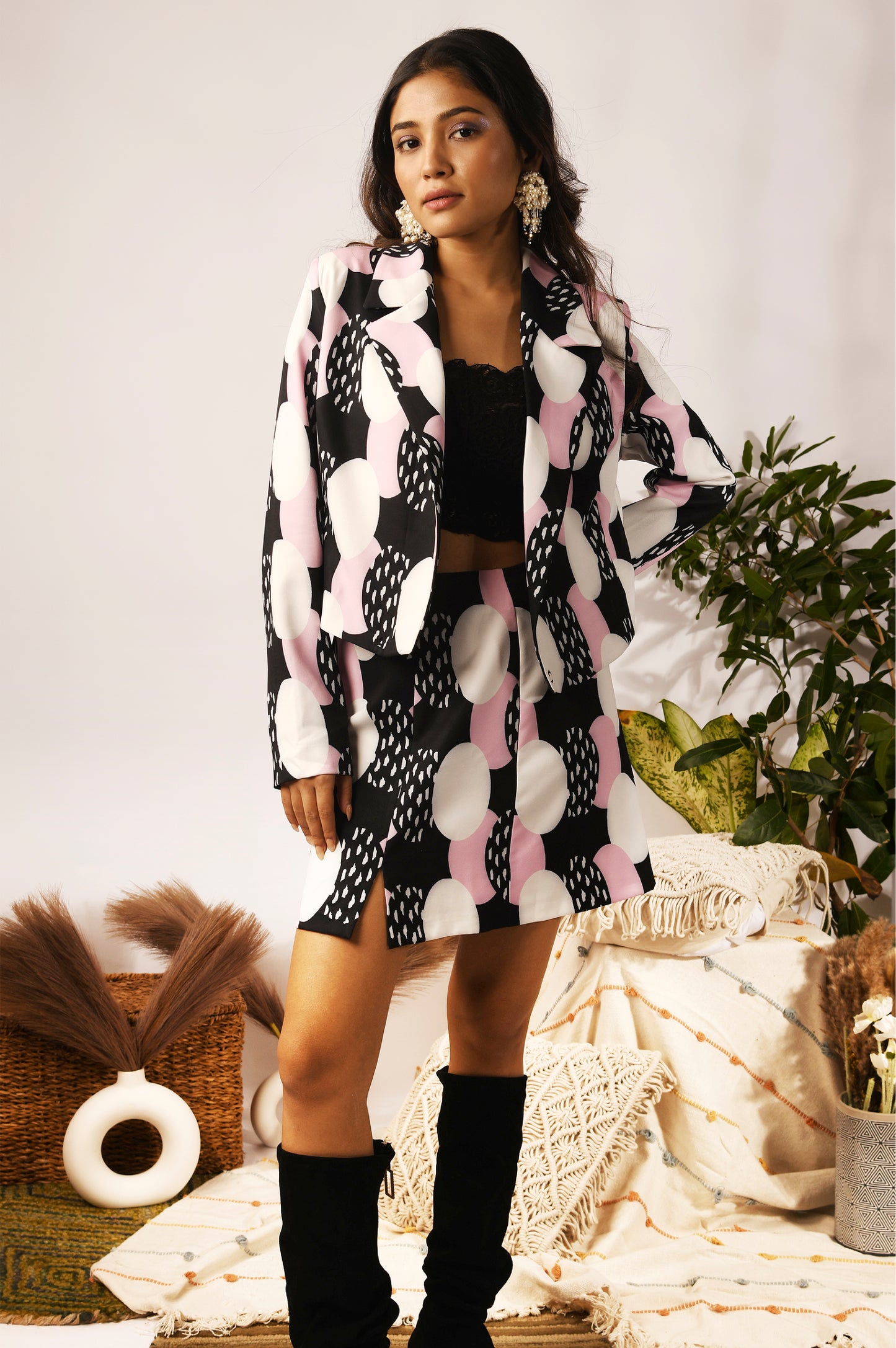 Abstract Printed Skirt Blazer Set