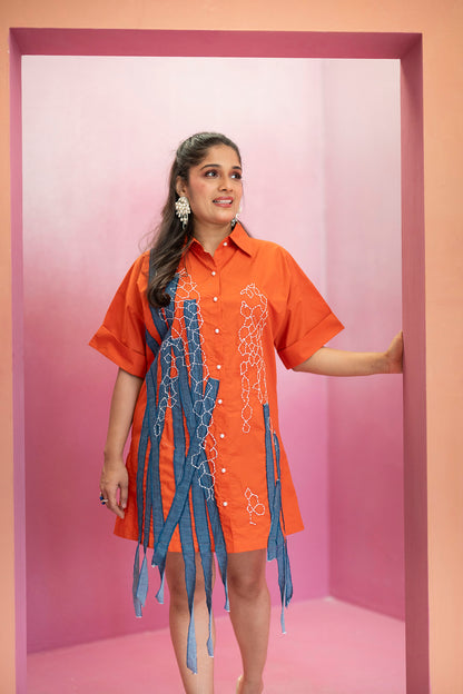 Shirtdress with Denim Tassels and Hand Embroidery