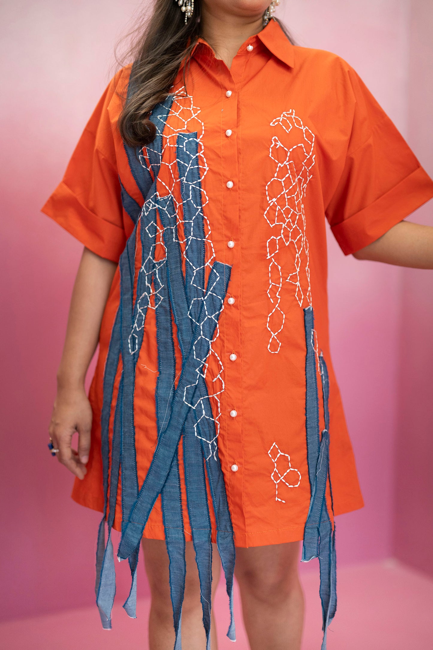 Shirtdress with Denim Tassels and Hand Embroidery