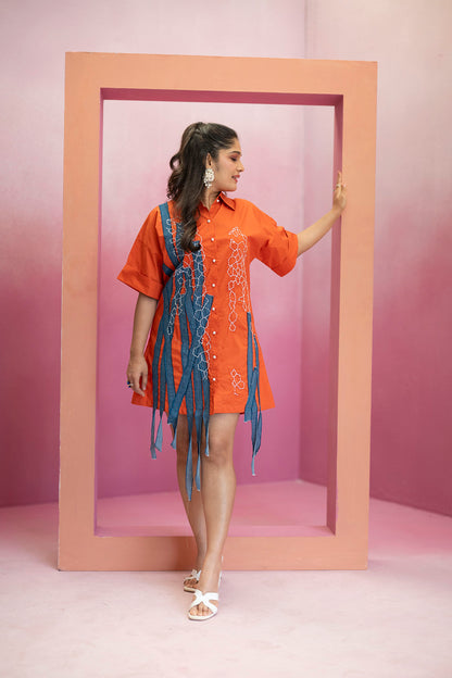 Shirtdress with Denim Tassels and Hand Embroidery